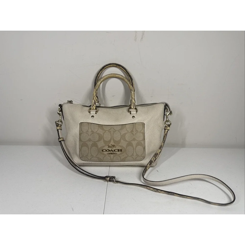Coach Pebble Leather Emma Satchel w/ Signature Canvas and Snake Embossed Leather